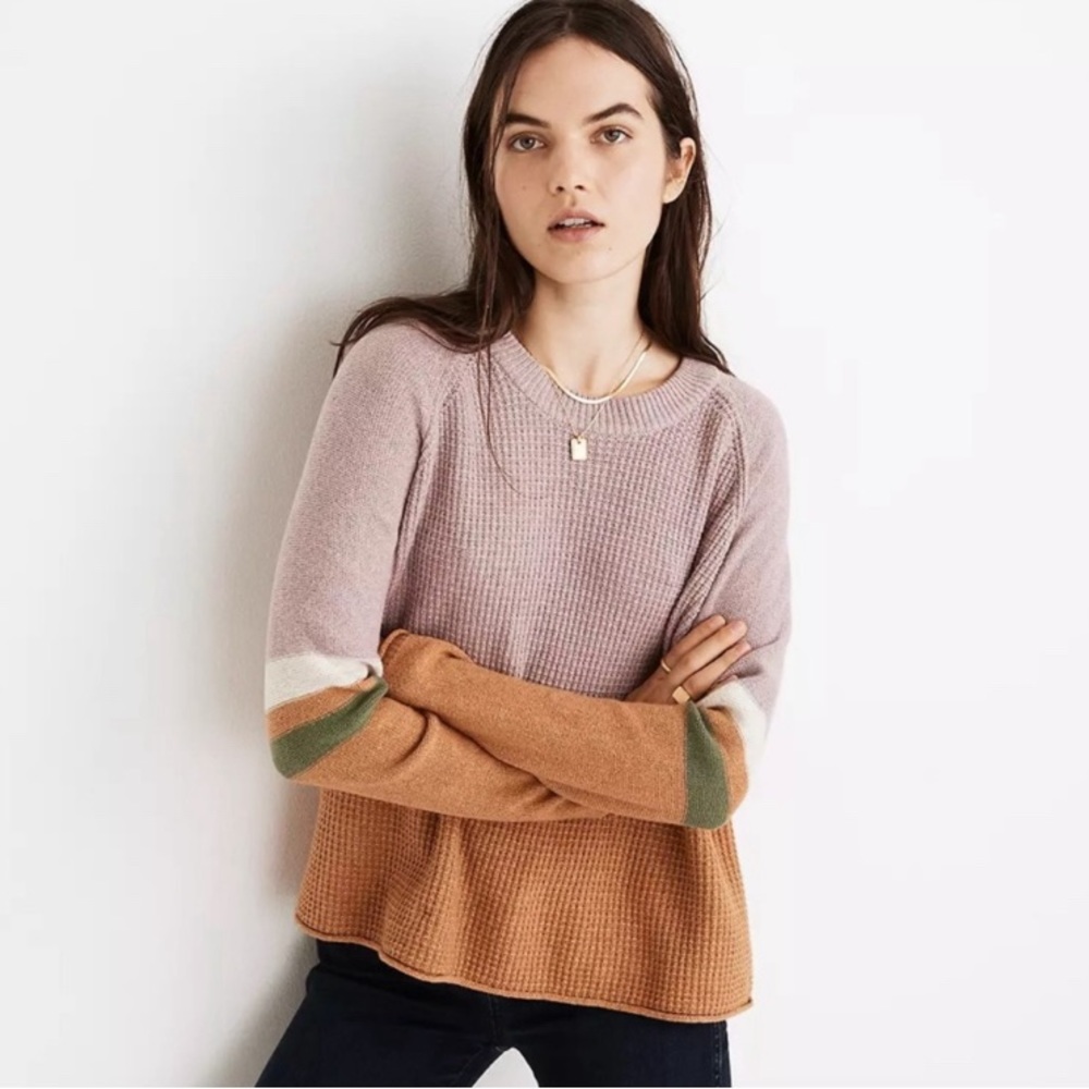 Madewell Striped Roll-Trim Waffle Pullover Sweater in Cotton-Merino Yarn